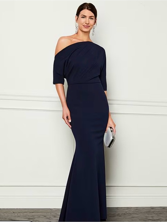 Betsy Adam Dresses & Skirts - Betsey & Adam Scuba Crepe Asymmetric One Shoulder Navy Blue Mermaid Gown
